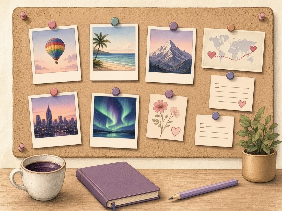 Illustration of a cork board covered in instant photos of a hot-air balloon, a beach, mountains, a city and the northern lights, beside a map with hearts and checkbox tags