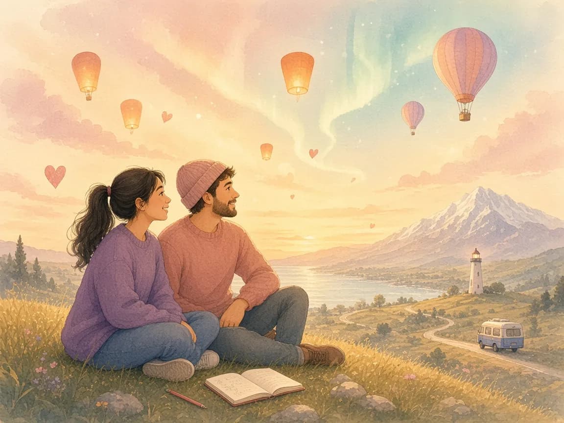 Illustration of a couple on a hilltop at golden hour dreaming of hot-air balloons, lanterns, the northern lights, a lighthouse and a camper van