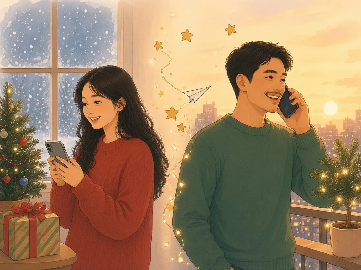 Illustration of a long-distance Christmas: a woman in a red jumper by a decorated tree in a snowy window and a man in a green sweater on a sunny balcony with a potted palm in fairy lights, joined by a trail of stars