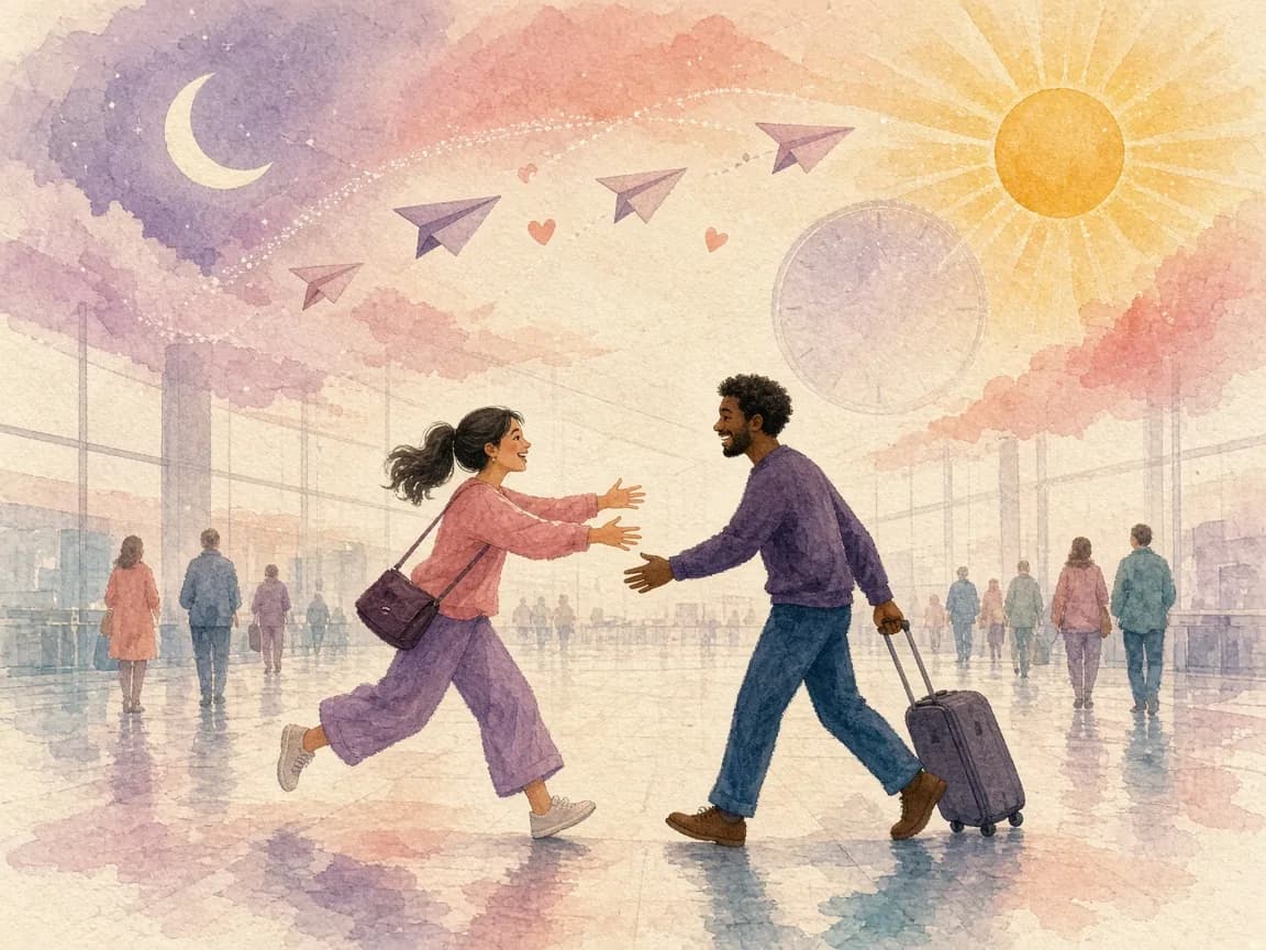 Illustration of a long-distance couple running to hug each other in an airport arrivals hall under paper planes and a clock