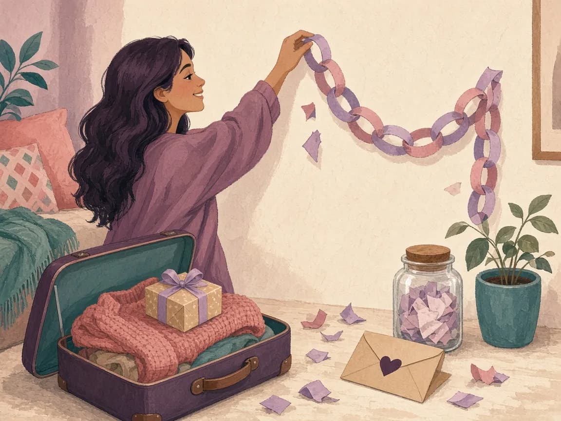 Illustration of a woman tearing a link off a paper chain countdown above a half-packed suitcase, a long distance countdown idea