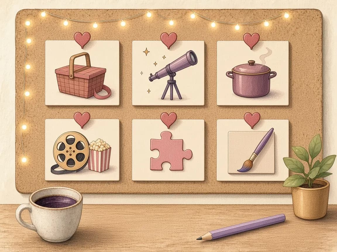 Illustration of a cork board with six date idea cards showing a picnic, a telescope, a cooking pot, a film reel with popcorn, a puzzle piece and a paintbrush