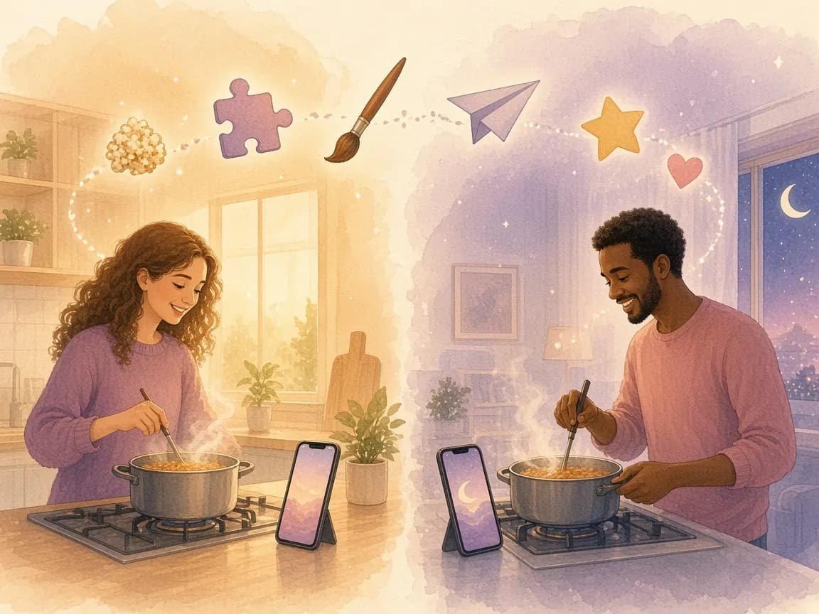 Illustration of a long-distance couple cooking the same dinner in two kitchens, one in the sun and one at night, with phones propped up between them