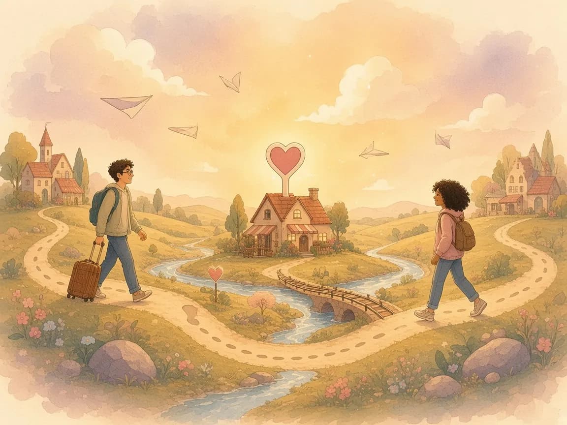 Illustration of a man with a suitcase and a woman with a backpack walking dotted paths towards a café marked with a heart pin halfway between them