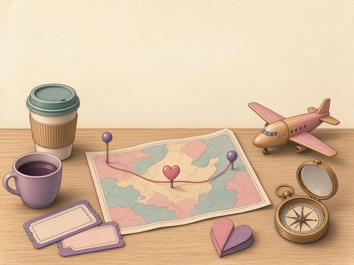 Illustration of a map with no labels, two pins joined by red thread, a heart pin in the middle, blank travel tickets, a compass, coffee cups and a toy plane