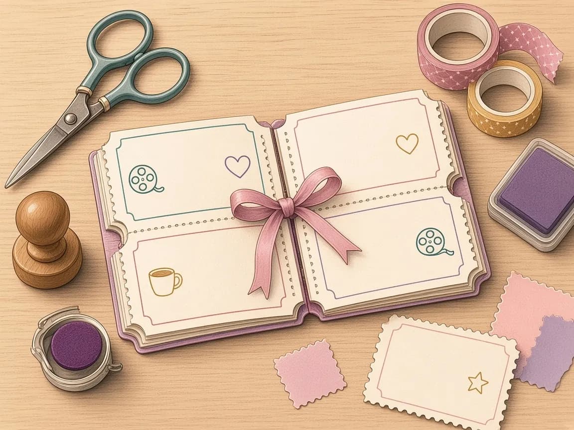 Illustration of a handmade love coupon booklet with blank scalloped coupons, a ribbon, scissors, a heart stamp, an ink pad and washi tape