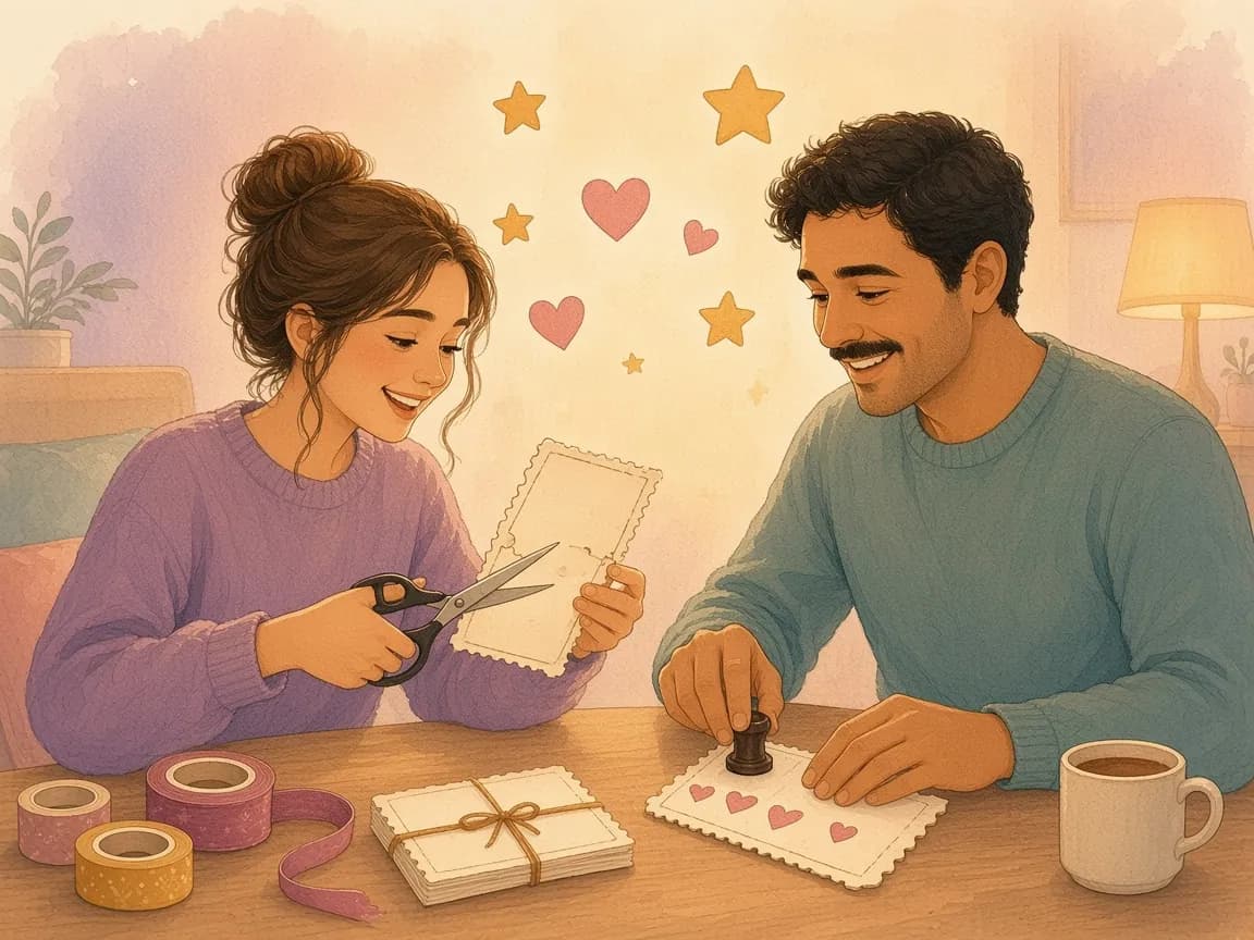 Illustration of a woman cutting out scalloped paper coupons while a man stamps them with little hearts at a table with washi tape and cocoa