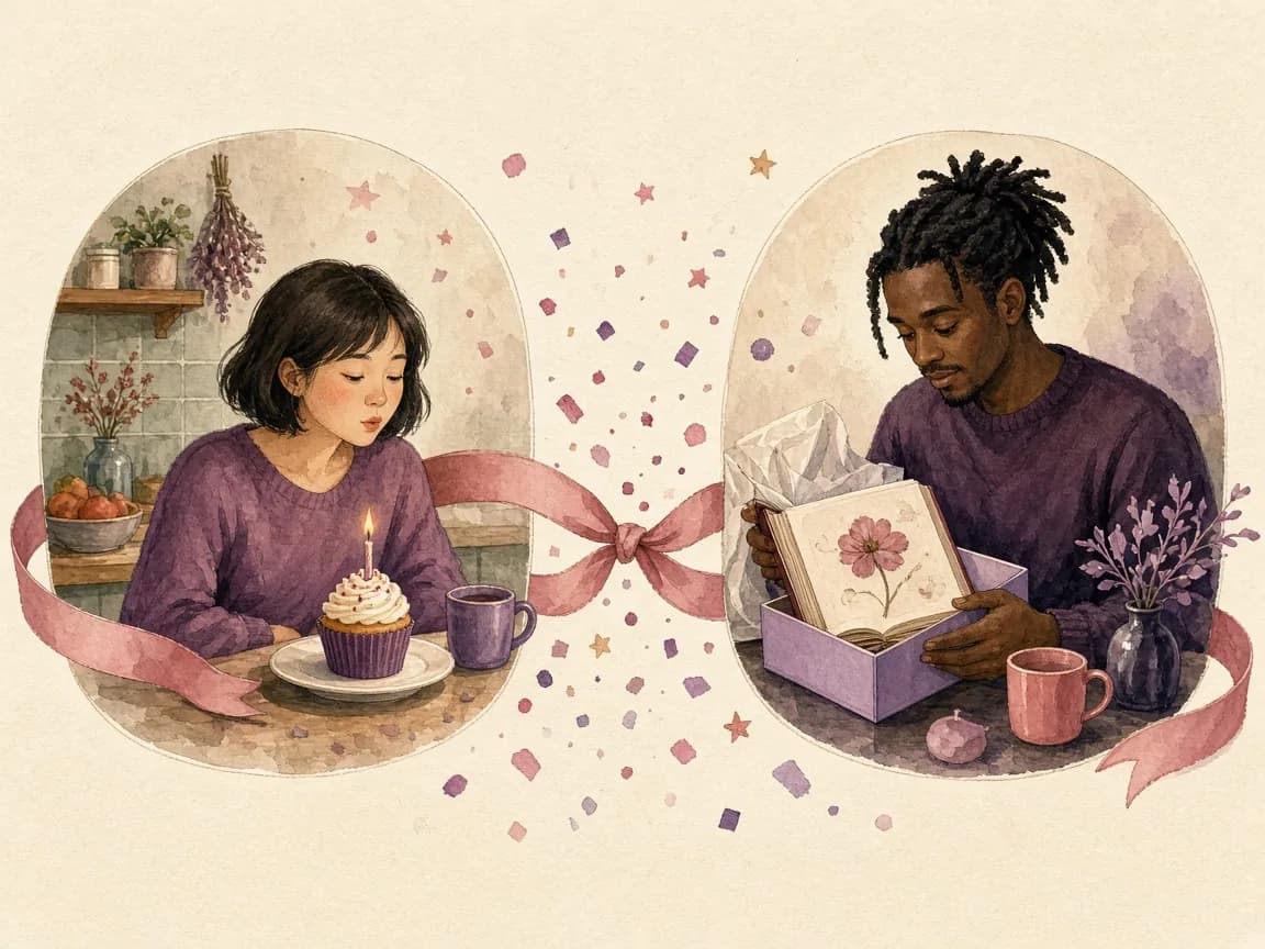 Illustration of a long-distance couple celebrating 1000 days together: one blowing out a cupcake candle, the other opening a photo album