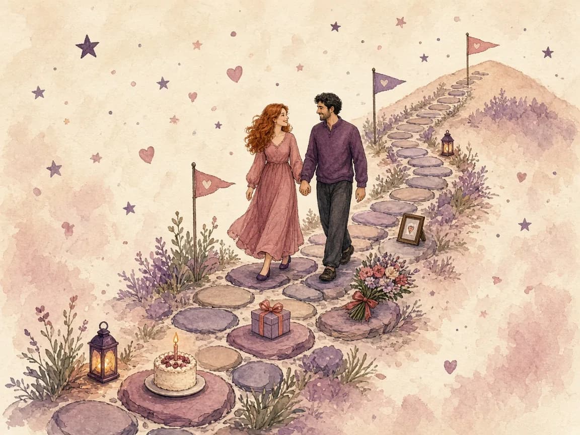 Illustration of a couple walking hand in hand along a path of stepping stones with flags, a cake and a bouquet marking relationship milestones