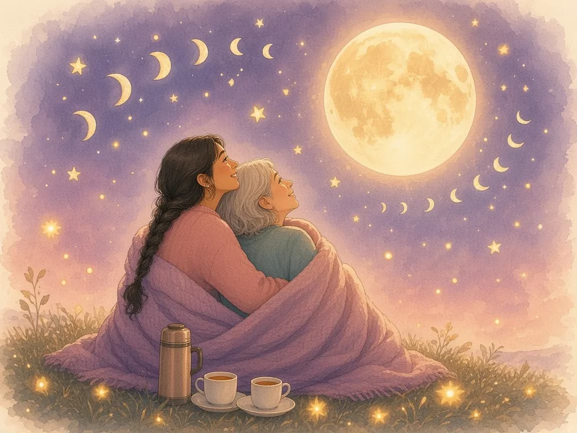 Illustration of two women wrapped in a blanket on a hilltop at night, looking up at a full moon with an arc of moon phases across the sky