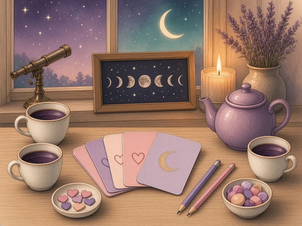 Illustration of a cosy windowsill at night with a small telescope, a framed moon phase print, a candle, lavender, two cups of tea and pastel cards