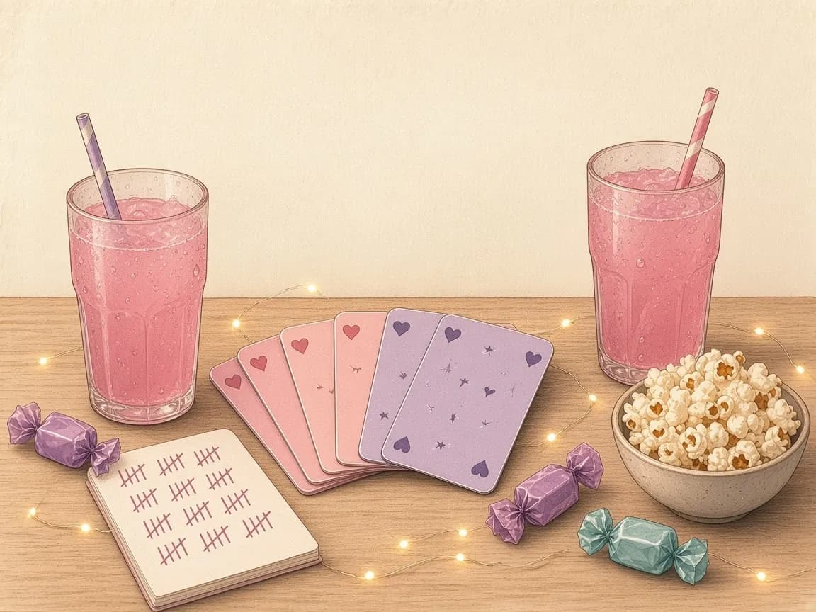 Illustration of pastel playing cards fanned on a table with pink lemonade, a bowl of popcorn, sweets and a notepad with tally marks for a game