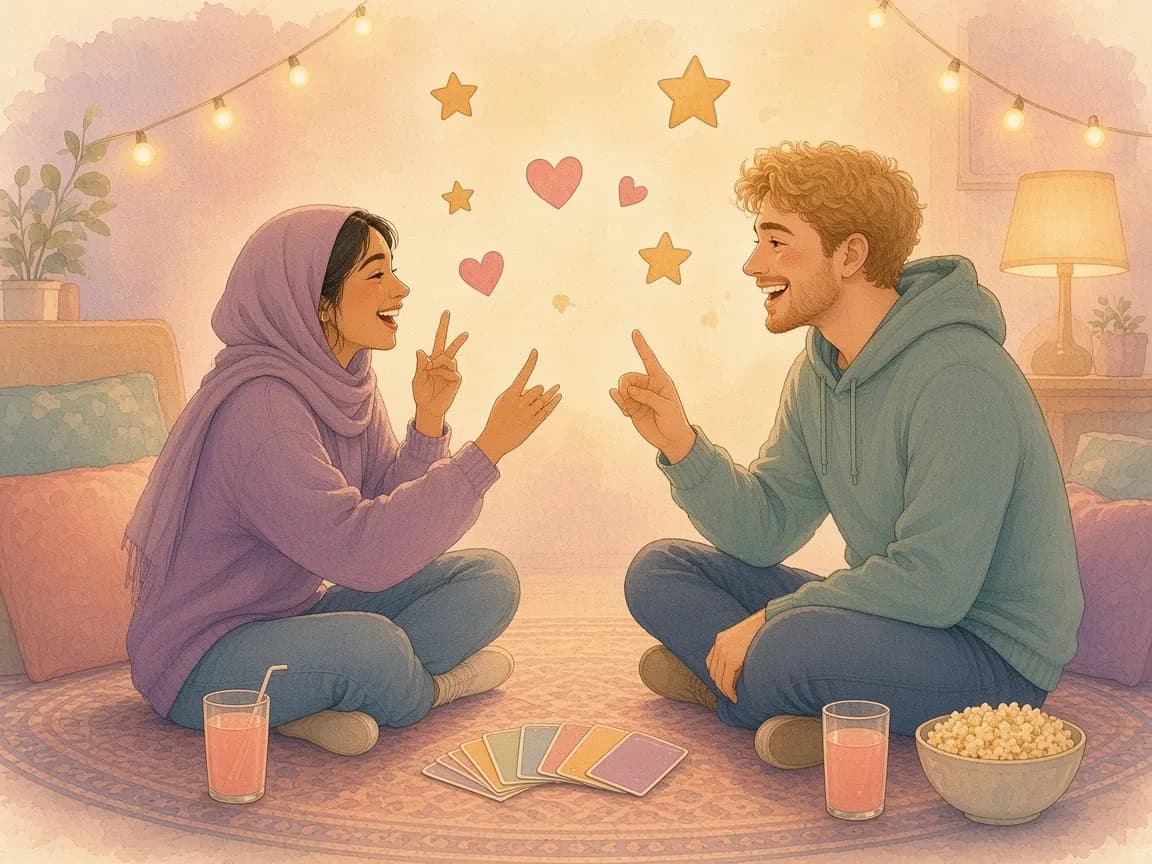 Illustration of a woman in a lavender headscarf and a blond man on floor cushions raising fingers as they play never have I ever with pastel cards and popcorn