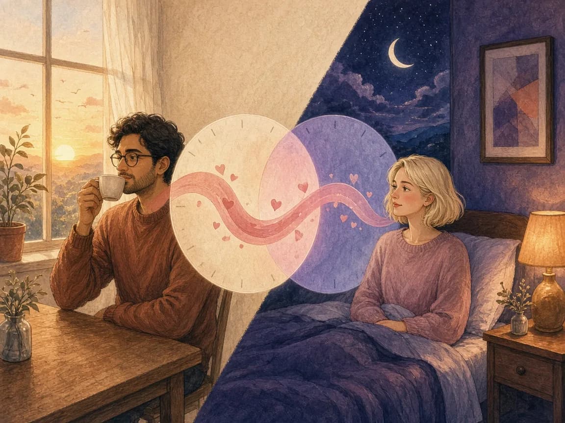 Illustration of a couple in different time zones, one drinking morning coffee at sunrise and one in bed at night, with two overlapping clocks