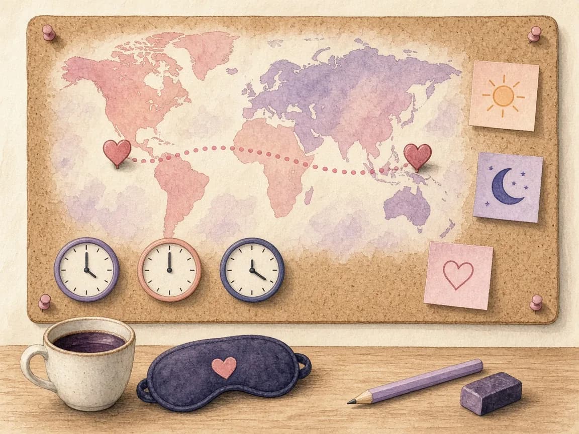 Illustration of a world map with two heart pins, three clocks and sun and moon notes, planning a call schedule across time zones