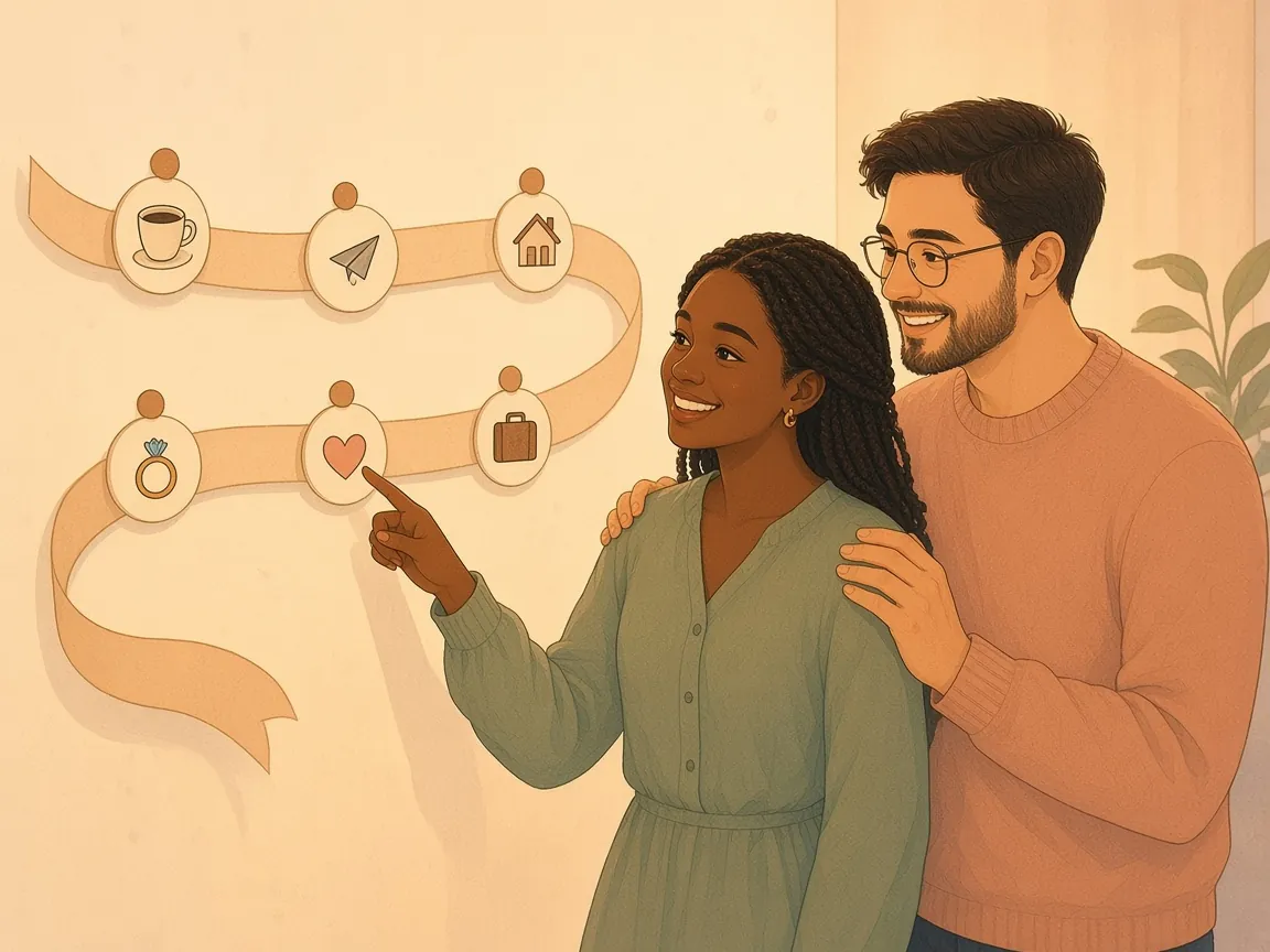 Illustration of a couple smiling at a paper ribbon timeline pinned to a wall with icons of a coffee cup, a paper plane, a house, a ring, a heart and a suitcase