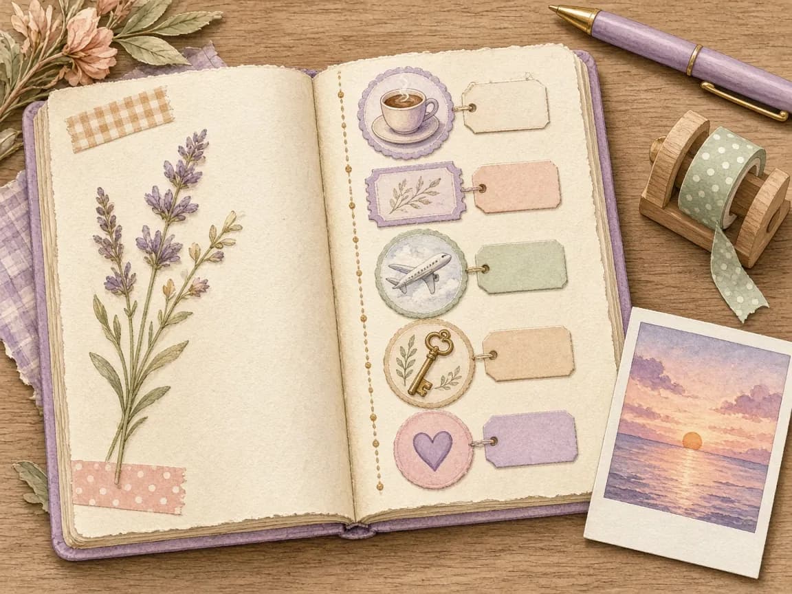 Illustration of an open scrapbook journal with a dotted timeline of stickers showing a coffee cup, a ticket, an airplane, a key and a heart, with blank tags, a lavender sprig and a sunset instant photo